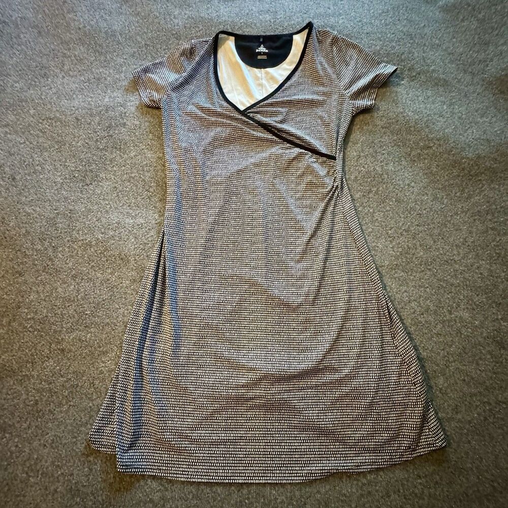 prAna Dress Womens Large Wrap Front Stretch Knit Black White Geometric Casual - Picture 3 of 9